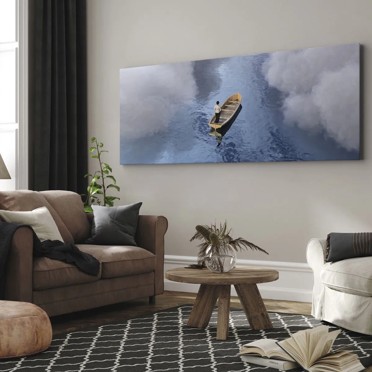Impression sur toile - Image sur toile - Un homme dans un bateau sur une mer calme entourée de nuages - 140x50cm - Vie – voyage – inconnu - Décoration murale moderne pour le salon et la chambre ARTTOR