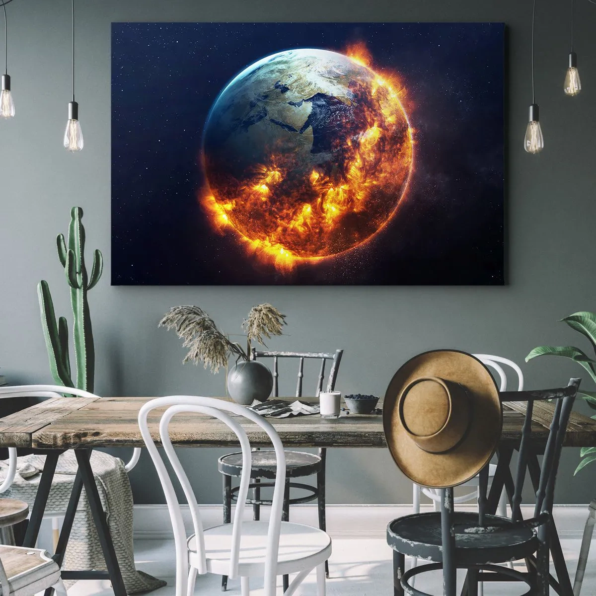 Impression sur toile - Image sur toile - La planète Terre en feu dans l'espace - 70x50cm - La flamme de l'apocalypse - Décoration murale moderne pour le salon et la chambre ARTTOR