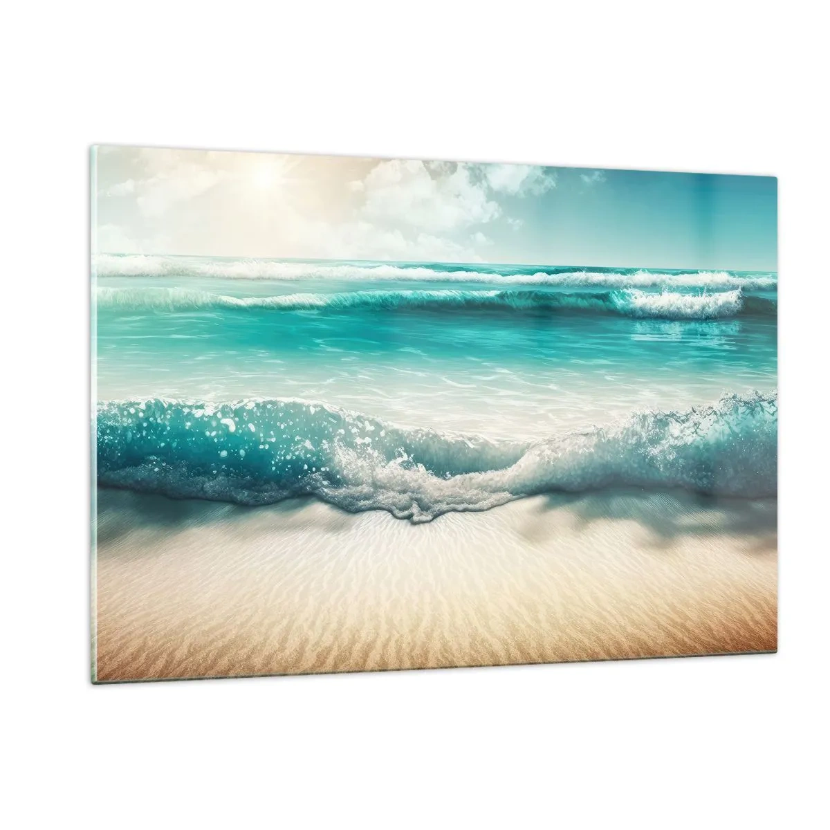 Impression sur verre - Image sur verre - Vagues turquoise de l'océan venant lécher une plage de sable - 120x80cm - La paix de l'océan - Décoration murale moderne pour le salon et la chambre ARTTOR