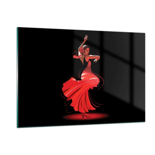 Impression sur verre - Image sur verre - Danseuse de flamenco en robe rouge sur fond noir - 120x80cm - L'esprit fougueux du flamenco - Décoration murale moderne pour le salon et la chambre ARTTOR