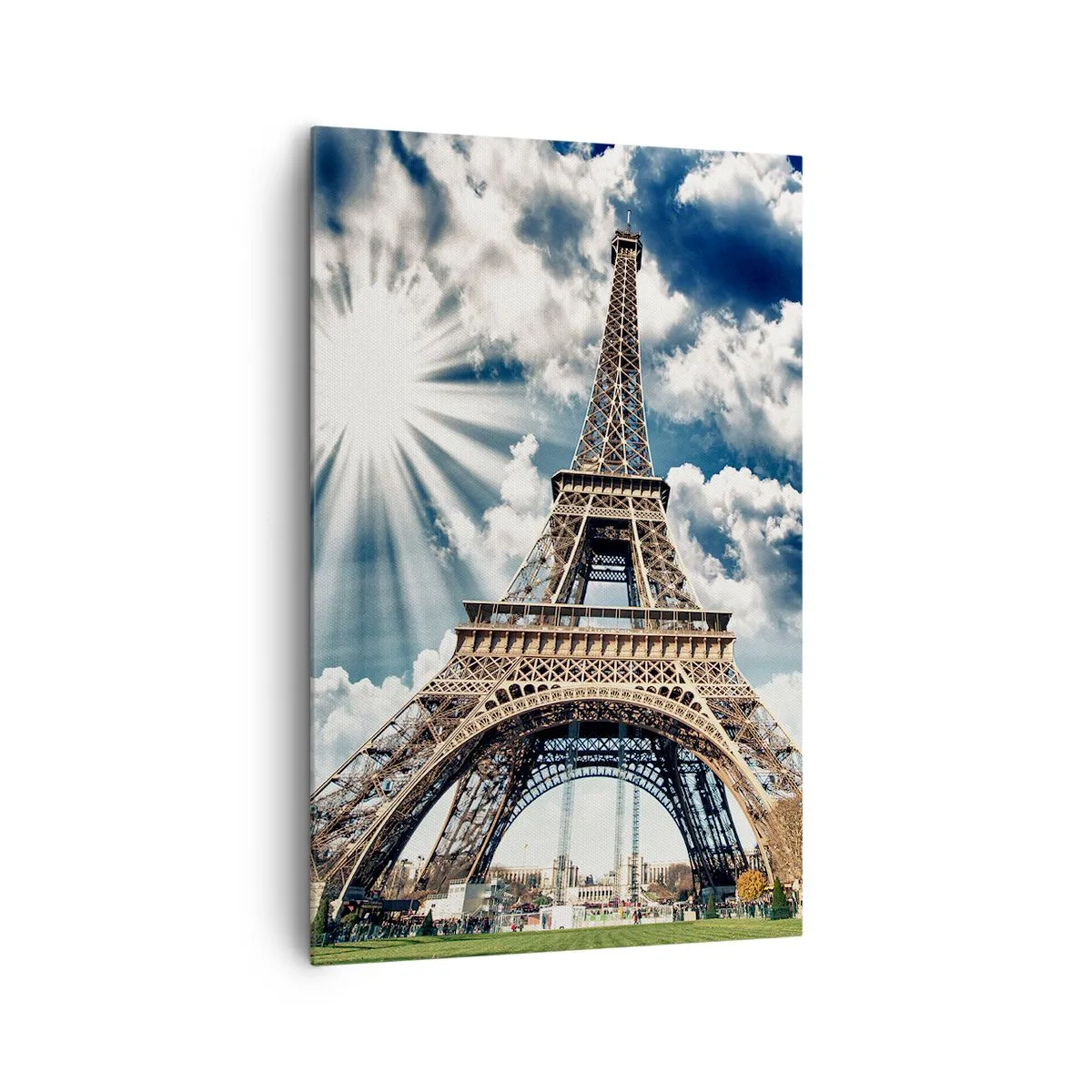 Impression sur toile - Image sur toile - La Tour Eiffel sous un ciel ensoleillé avec des nuages - 80x120cm - La seule et unique sous le soleil - Décoration murale moderne pour le salon et la chambre ARTTOR