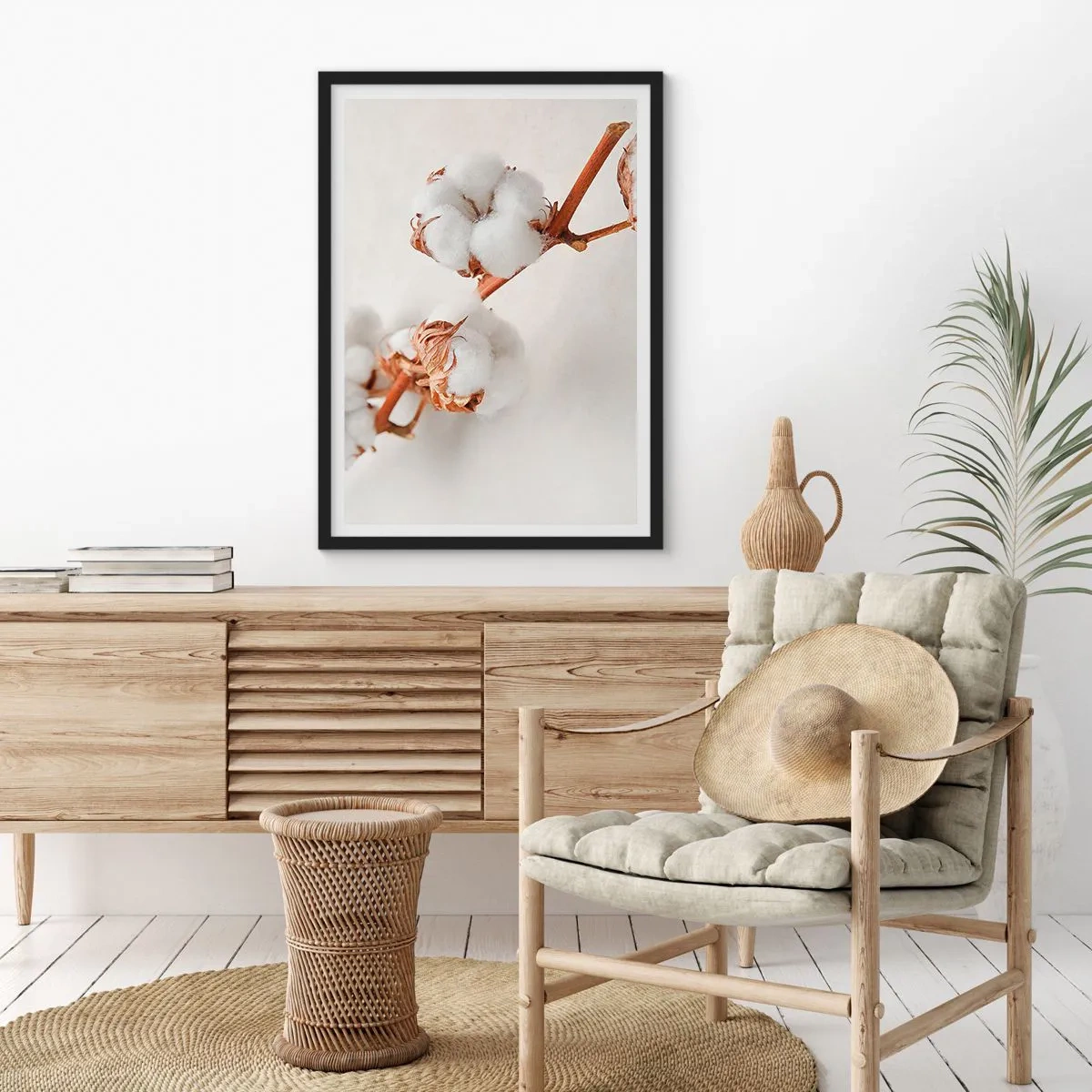 Affiche dans un cadre noir - Poster - Brindilles de coton délicates sur fond clair - 50x70cm - Seulement caliner - Décoration murale moderne pour le salon et la chambre ARTTOR