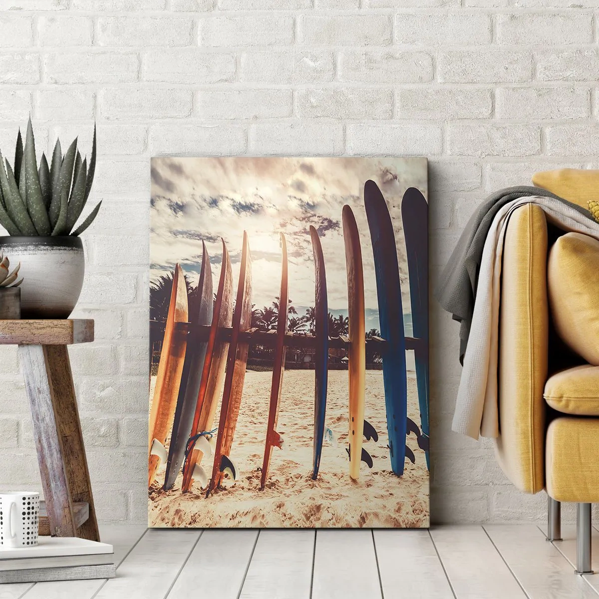 Impression sur toile - Image sur toile - Planches de surf sur la plage au coucher du soleil - 80x120cm - Bonne nuit, à demain - Décoration murale moderne pour le salon et la chambre ARTTOR