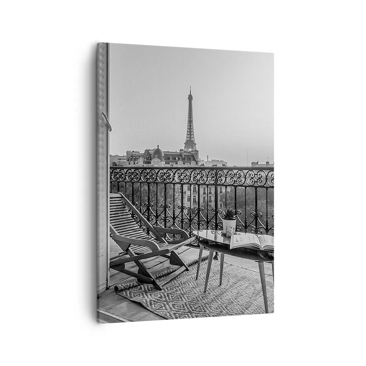 Impression sur toile - Image sur toile - Vue sur la Tour Eiffel depuis le balcon avec transats et table - 50x70cm - Après-midi parisien - Décoration murale moderne pour le salon et la chambre ARTTOR