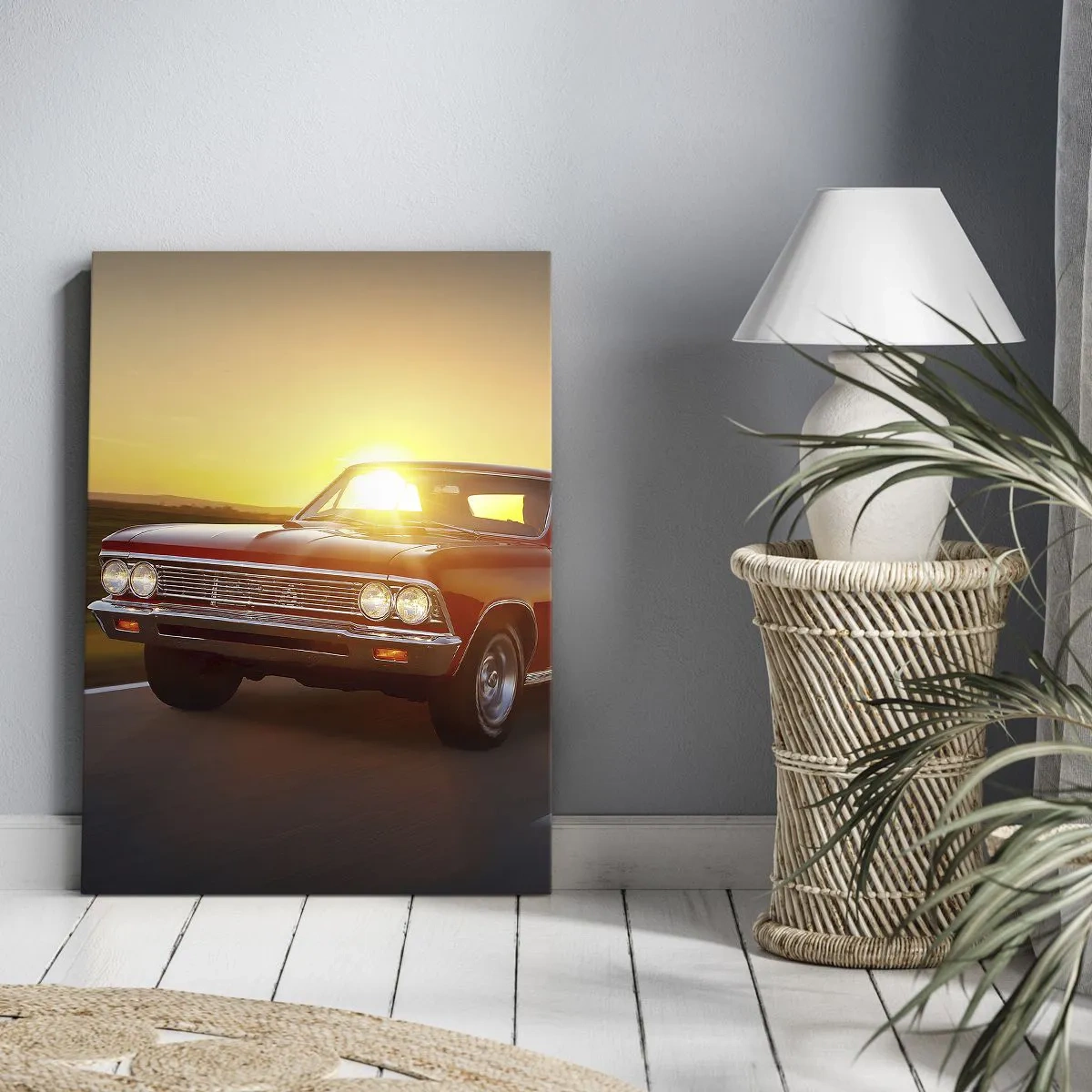Impression sur toile - Image sur toile - Une voiture rouge au soleil couchant sur une route ouverte - 80x120cm - Le désir est de couleur rouge - Décoration murale moderne pour le salon et la chambre ARTTOR