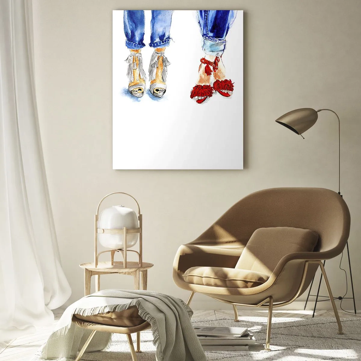 Impression sur verre - Image sur verre - Illustration de deux paires de chaussures dans des sandales élégantes et un jean - 70x100cm - Peut-être irons-nous nous promener? - Décoration murale moderne pour le salon et la chambre ARTTOR