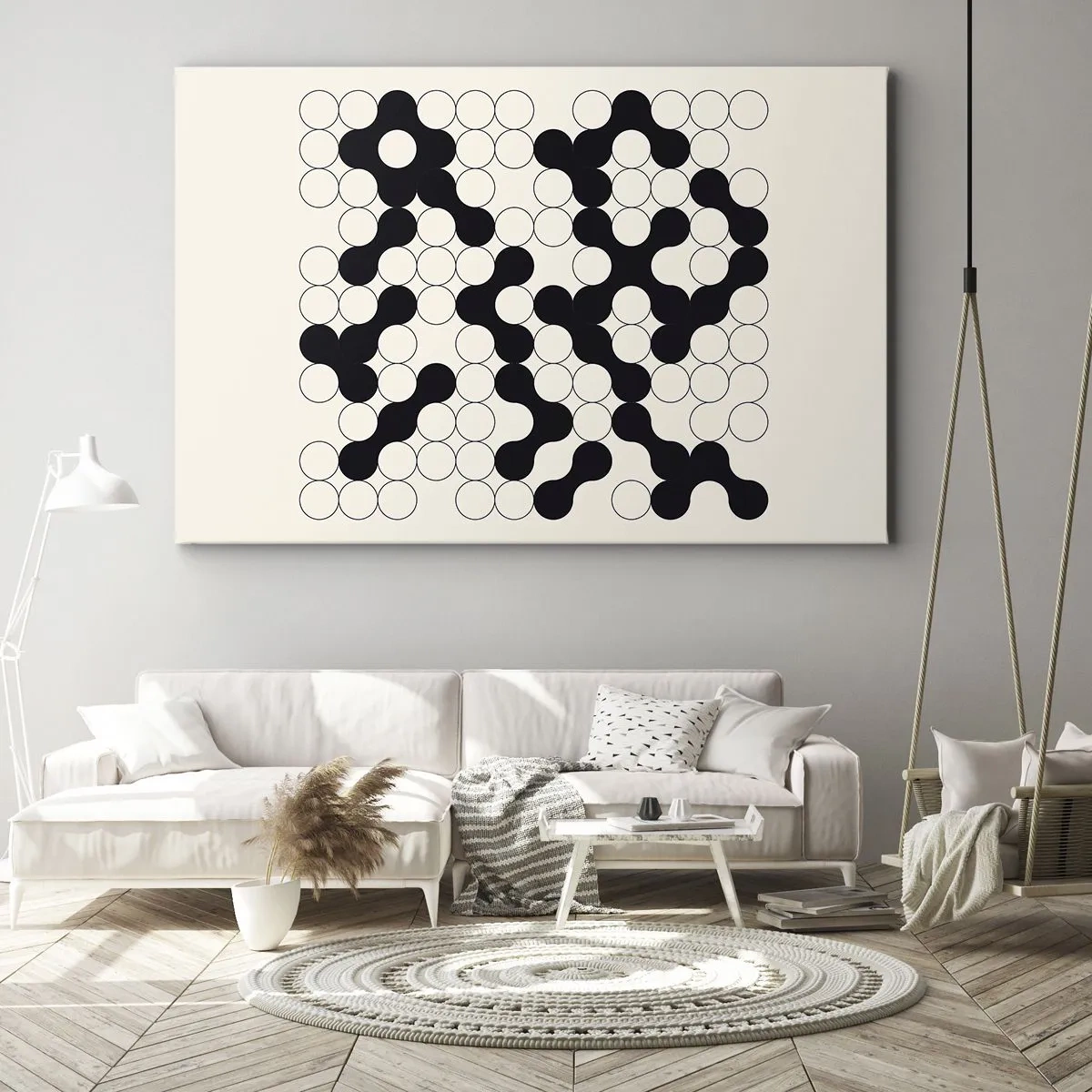 Impression sur toile - Image sur toile - Motifs noirs et blancs avec des cercles sur fond clair - 70x50cm - Jeu chinois – variation - Décoration murale moderne pour le salon et la chambre ARTTOR