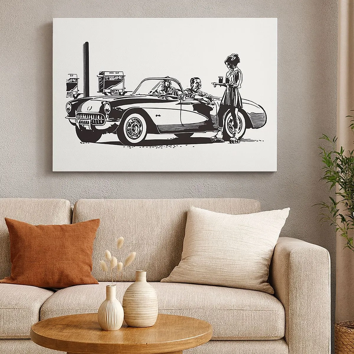 Impression sur toile - Image sur toile - Une scène rétro en noir et blanc avec une voiture et une serveuse en patins à roulettes. - 70x50cm - 60's - Amérique insouciante - Décoration murale moderne pour le salon et la chambre ARTTOR