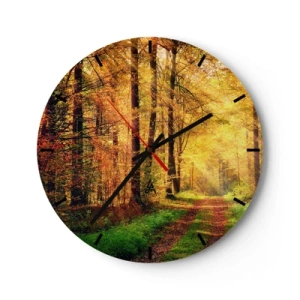 Horloge murale - Pendule murale - Un chemin dans une forêt d'automne dorée éclairée par le soleil - 30x30cm - Silence d'or en forêt - Décoration murale moderne pour le salon, la cuisine et la chambre ARTTOR