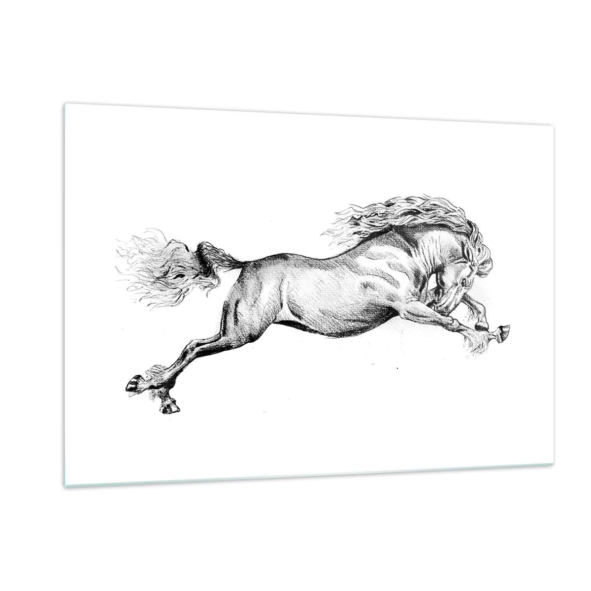 Impression sur verre - Image sur verre - Dessin en noir et blanc d'un cheval au galop - 120x80cm - Immortalisé au galop - Décoration murale moderne pour le salon et la chambre ARTTOR