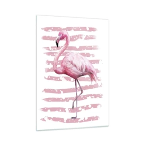 Impression sur verre - Image sur verre - Un flamant rose sur un fond de rayures roses artistiques. - 50x70cm - Avec dignité, bien qu'en rose - Décoration murale moderne pour le salon et la chambre ARTTOR