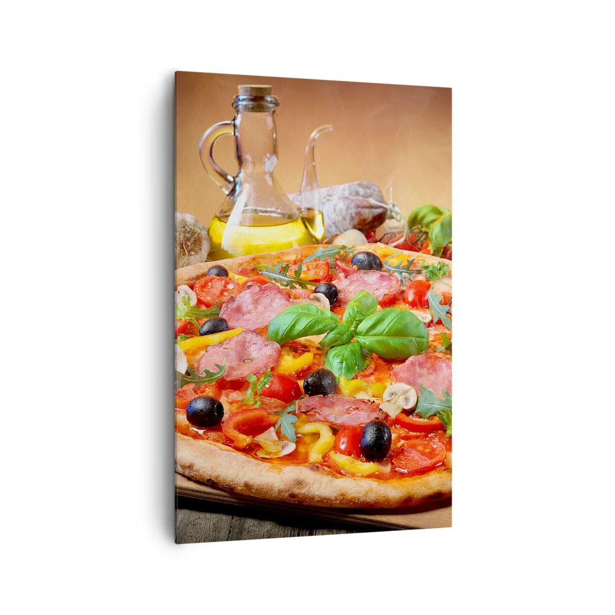 Impression sur toile - Image sur toile - Pizza appétissante sur une table en bois avec garnitures - 80x120cm - Avec une vraie saveur italienne - Décoration murale moderne pour le salon et la chambre ARTTOR