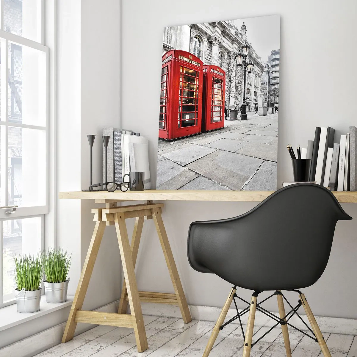Impression sur verre - Image sur verre - Cabines téléphoniques rouges sur fond de rue - 50x70cm - Welcome to London - Décoration murale moderne pour le salon et la chambre ARTTOR