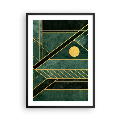 Affiche dans un cadre noir - Poster - Abstraction géométrique en vert avec des accents dorés - 50x70cm - Dynamique or et azur - Décoration murale moderne pour le salon et la chambre ARTTOR