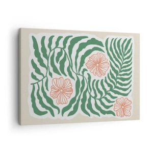 Impression sur toile - Image sur toile - Un motif minimaliste de feuilles vertes avec des fleurs dans des tons orange. - 70x50cm - Fleurit en vert - Décoration murale moderne pour le salon et la chambre ARTTOR