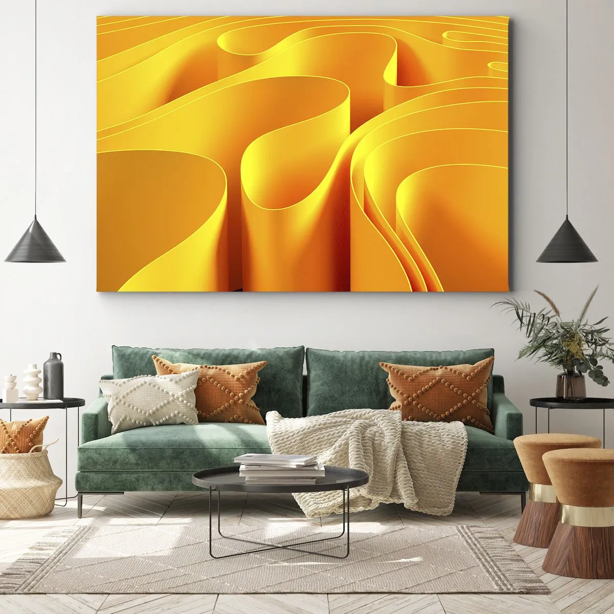 Impression sur toile - Image sur toile - Vagues abstraites jaunes ressemblant à des rayons de soleil - 70x50cm - Comme les vagues du soleil - Décoration murale moderne pour le salon et la chambre ARTTOR