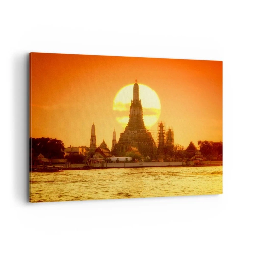 Impression sur toile - Image sur toile - Coucher de soleil sur le temple avec reflet dans l'eau - 100x70cm - Vers le soleil, toujours vers le soleil - Décoration murale moderne pour le salon et la chambre ARTTOR