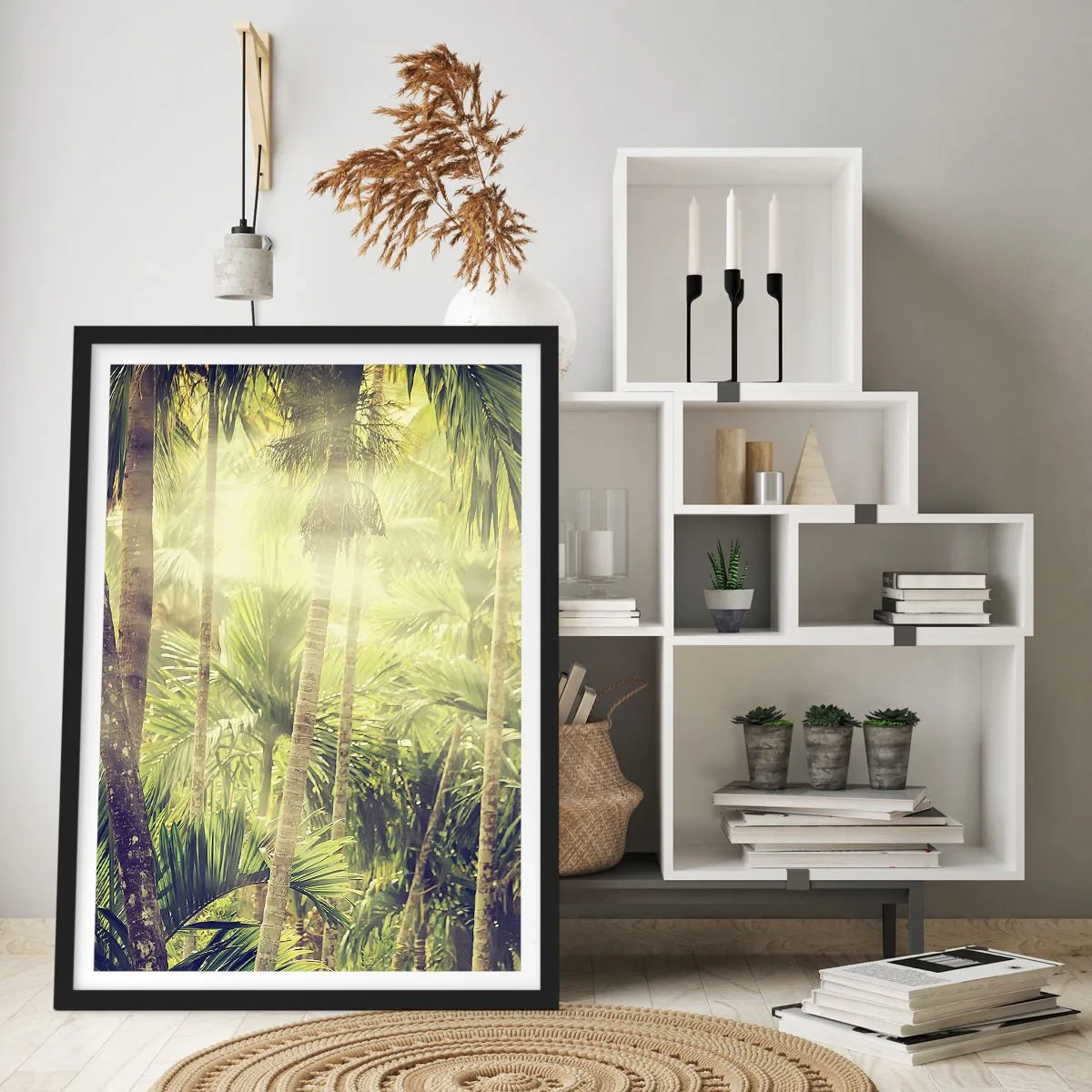 Affiche dans un cadre noir - Poster - Forêt tropicale avec des rayons de soleil en arrière-plan - 50x70cm - Nature enflammée - Décoration murale moderne pour le salon et la chambre ARTTOR