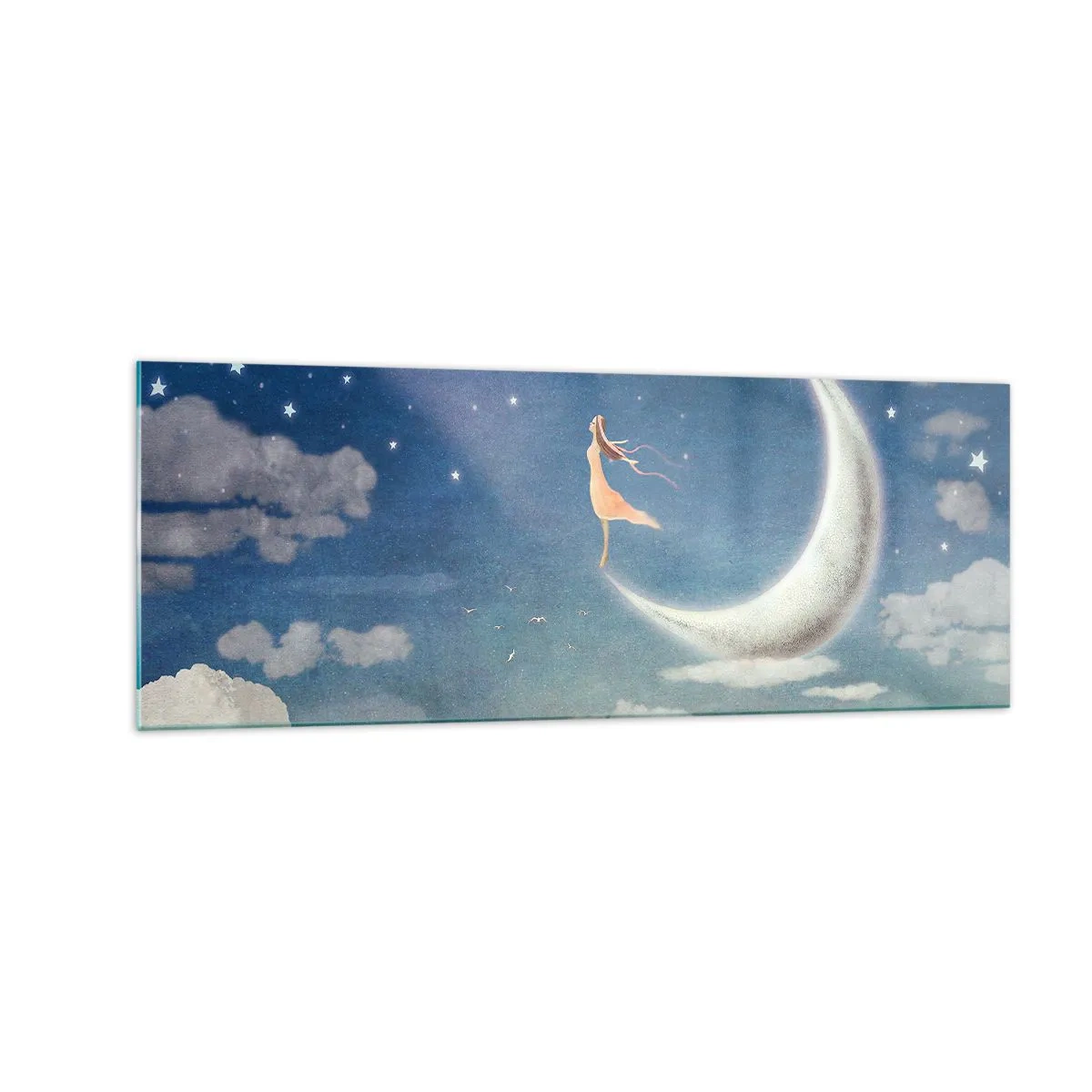Impression sur verre - Image sur verre - Une femme dans la lune entourée d'étoiles et de nuages - 140x50cm - Valise bleue - Décoration murale moderne pour le salon et la chambre ARTTOR