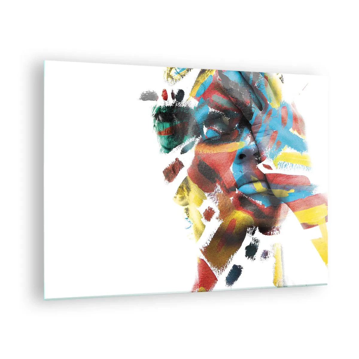 Impression sur verre - Image sur verre - Portrait avec des accents abstraits et colorés sur le visage - 70x50cm - Personnalité colorée - Décoration murale moderne pour le salon et la chambre ARTTOR