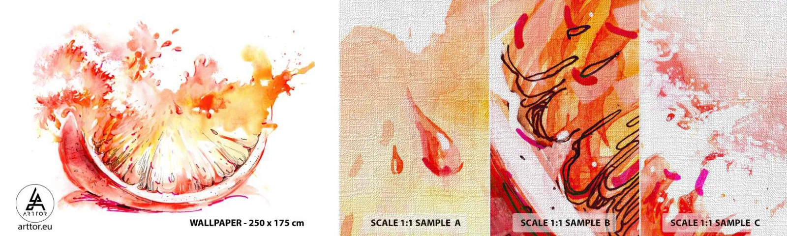 Échantillon de Papier Peint Premium Canvas - Détente juteuse - Abstraction, Orange, Graphique - 100x30 cm