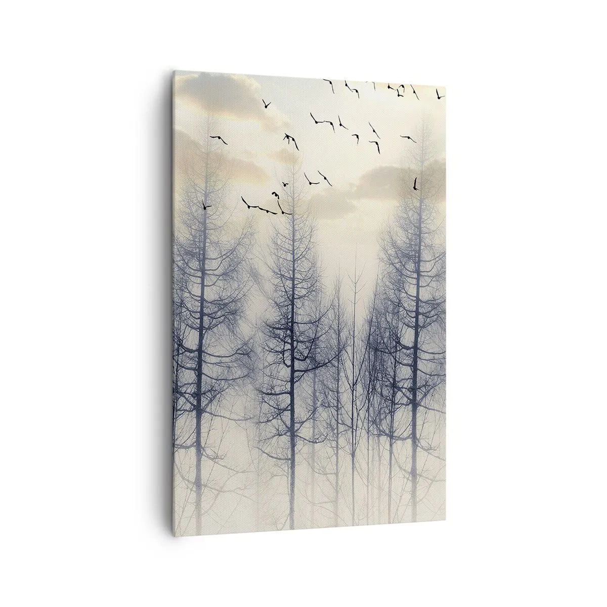 Impression sur toile - Image sur toile - Forêt brumeuse avec des oiseaux contre le ciel du coucher du soleil - 80x120cm - L'âme de la forêt - Décoration murale moderne pour le salon et la chambre ARTTOR