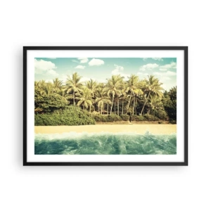 Affiche dans un cadre noir - Poster - Plage tropicale avec palmiers et mer turquoise - 70x50cm - Peut-être ici? - Décoration murale moderne pour le salon et la chambre ARTTOR