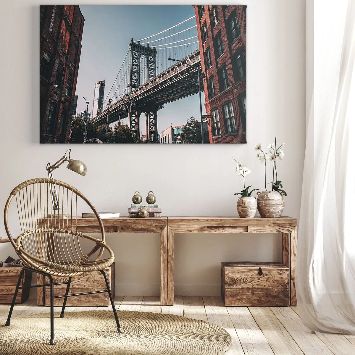 Impression sur toile - Image sur toile - Un pont entre les bâtiments dans un paysage urbain - 120x80cm - Sur les vagues de la ville - Décoration murale moderne pour le salon et la chambre ARTTOR