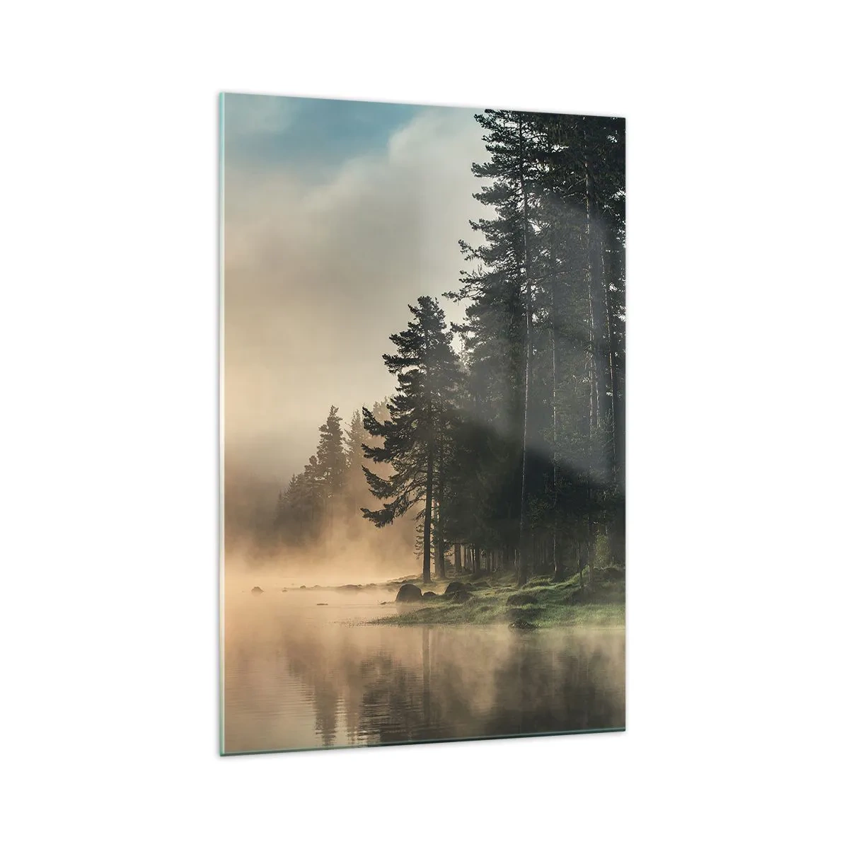 Impression sur verre - Image sur verre - Une forêt brumeuse sur un lac calme - 70x100cm - Naissance du jour - Décoration murale moderne pour le salon et la chambre ARTTOR