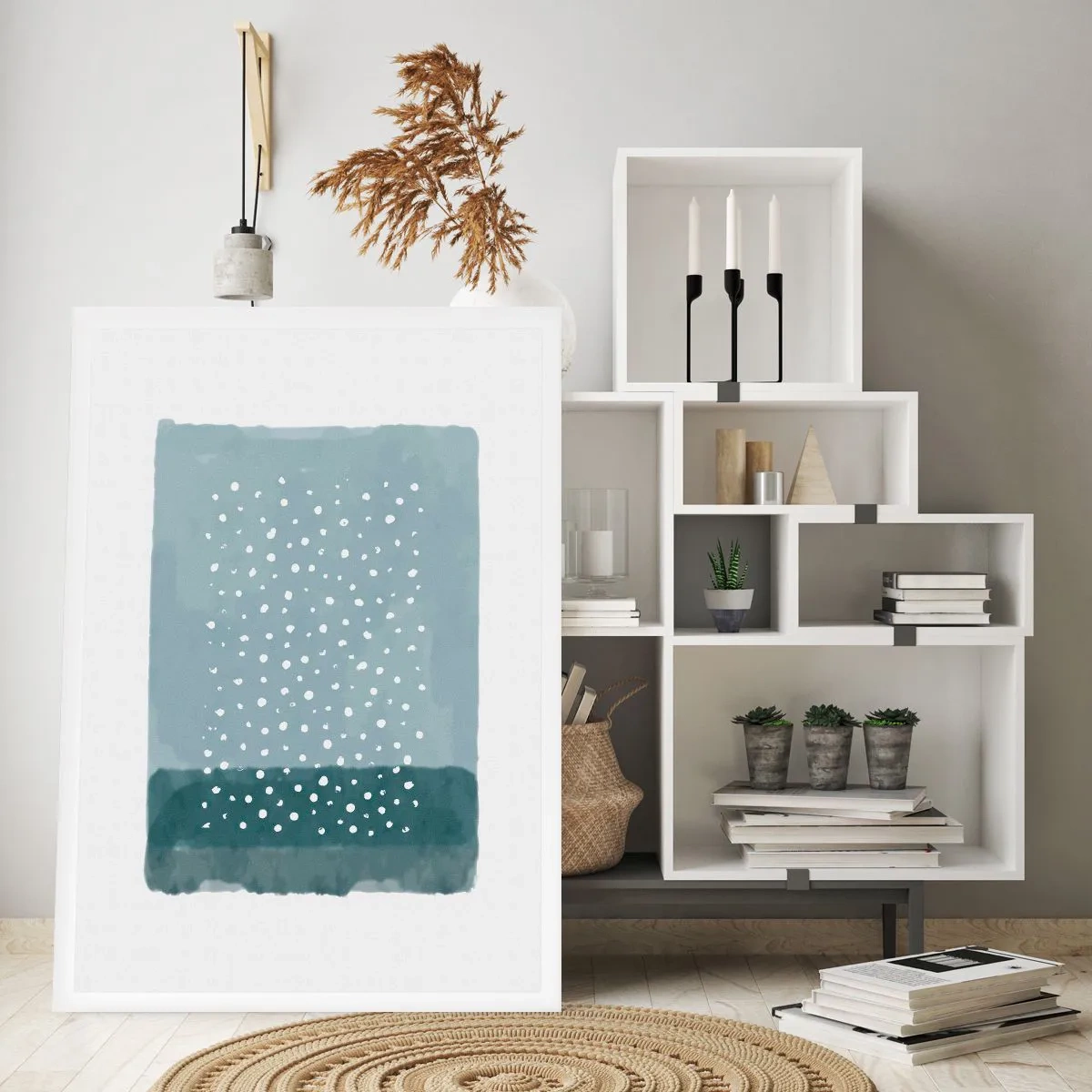 Affiche - Poster - Une composition abstraite avec des points blancs sur fond bleu. - 50x70cm - Évolution de bleus - Décoration murale moderne pour le salon et la chambre ARTTOR