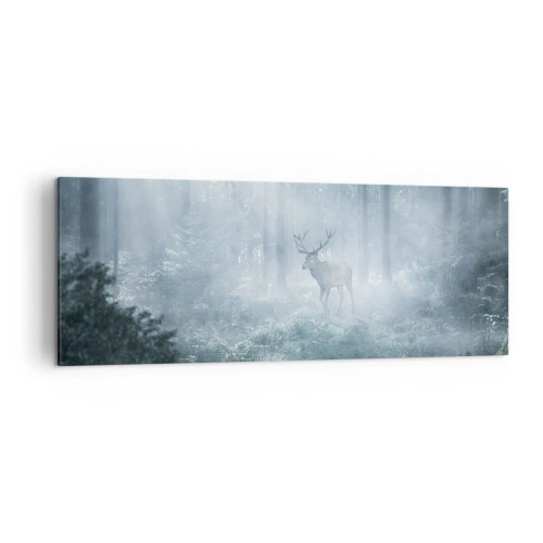 Impression sur toile - Image sur toile - Un cerf dans une forêt dense enveloppée de brume matinale - 140x50cm - Visite matinale du domaine - Décoration murale moderne pour le salon et la chambre ARTTOR