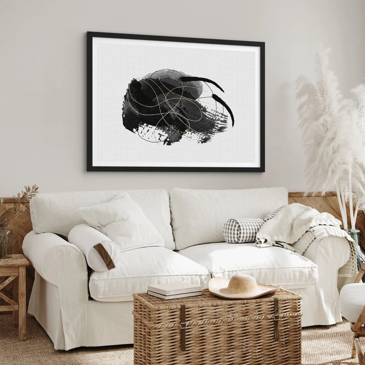 Affiche dans un cadre noir - Poster - Abstraction en noir et or sur fond blanc - 70x50cm - Fait de noir - Décoration murale moderne pour le salon et la chambre ARTTOR