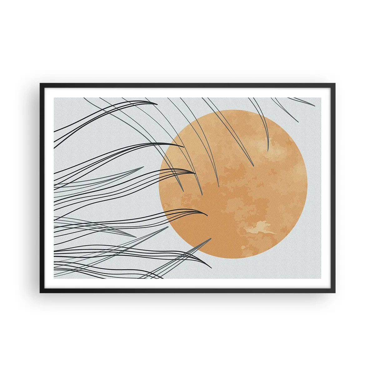 Affiche dans un cadre noir - Poster - Brins d'herbe abstraits sur fond de grand soleil orange - 100x70cm - Toujours vers le soleil - Décoration murale moderne pour le salon et la chambre ARTTOR