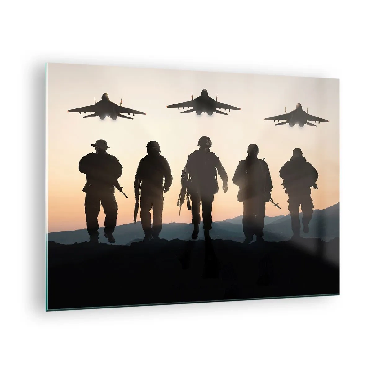 Impression sur verre - Image sur verre - Soldats sur fond de soleil couchant et de jets - 70x50cm - Bienvenue dans notre monde - Décoration murale moderne pour le salon et la chambre ARTTOR