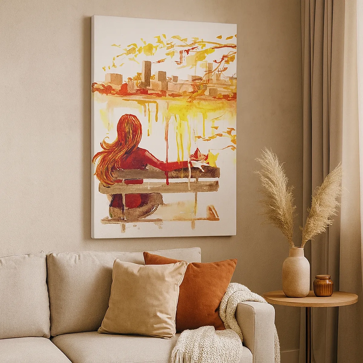 Impression sur toile - Image sur toile - Scène à l'aquarelle d'une femme sur un banc surplombant la ville - 50x70cm - Un moment de réflexion - Décoration murale moderne pour le salon et la chambre ARTTOR