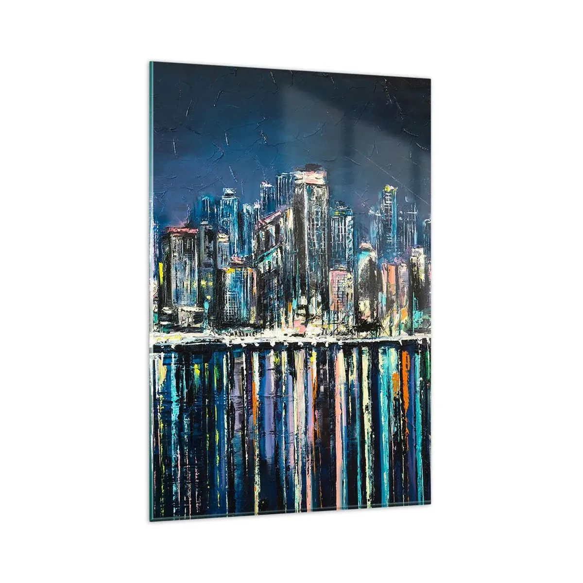 Impression sur verre - Image sur verre - Panorama de la ville nocturne reflétée dans l'eau - 80x120cm - Cascade de lumières - Décoration murale moderne pour le salon et la chambre ARTTOR
