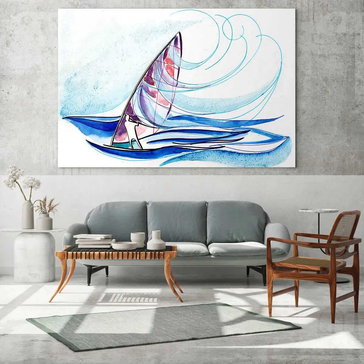 Impression sur verre - Image sur verre - Un voilier sur les vagues dans un style aquarelle - 100x70cm - Avec le vent au rythme des vagues - Décoration murale moderne pour le salon et la chambre ARTTOR