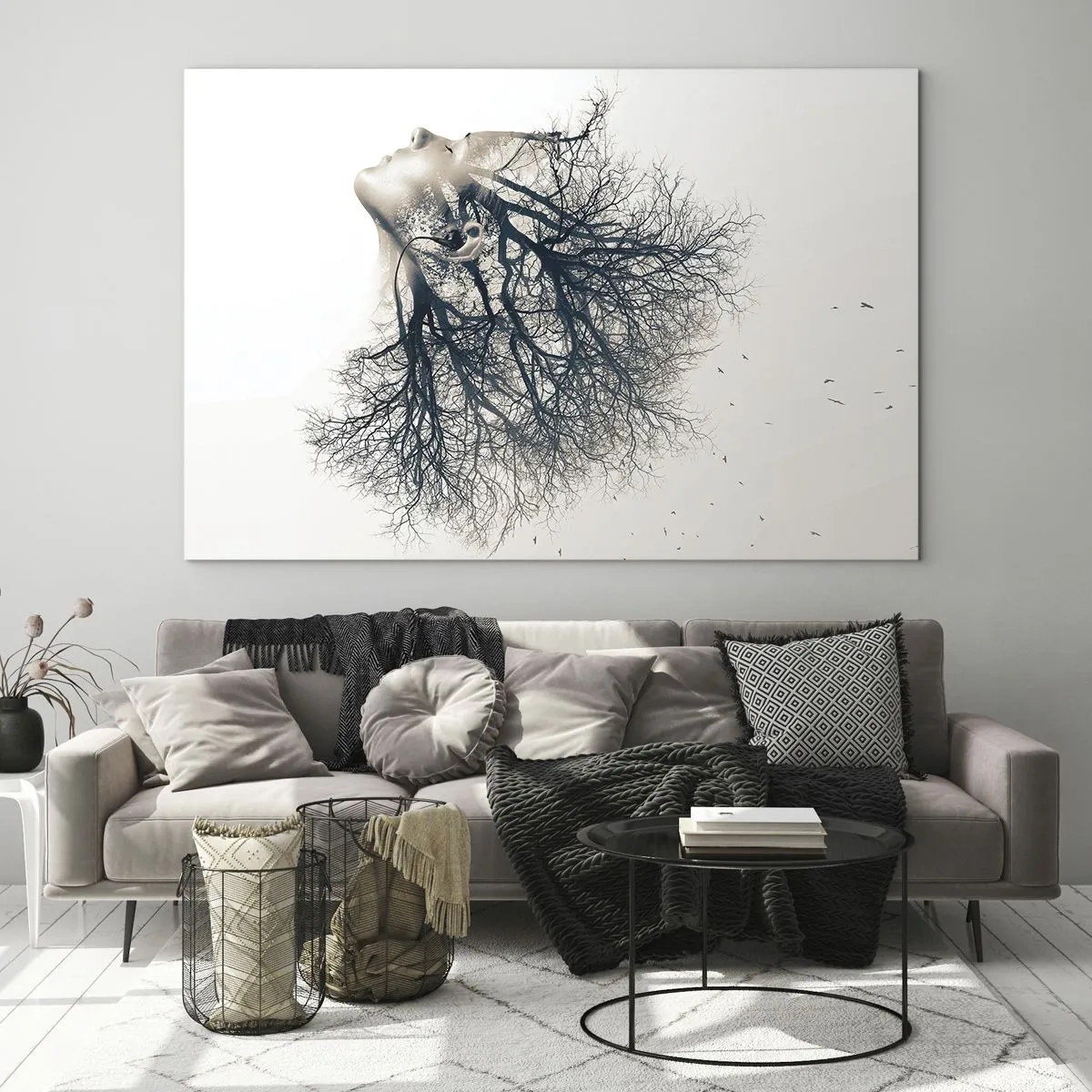 Impression sur verre - Image sur verre - Silhouette d'une femme avec des branches en guise de cheveux - 120x80cm - Écouter le murmure des arbres - Décoration murale moderne pour le salon et la chambre ARTTOR