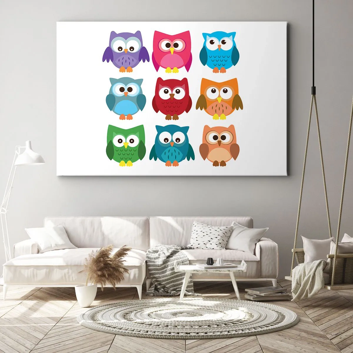 Impression sur toile - Image sur toile - Illustrations colorées de hiboux dans un style enfantin - 70x50cm - C'est amusant d'être différent - Décoration murale moderne pour le salon et la chambre ARTTOR