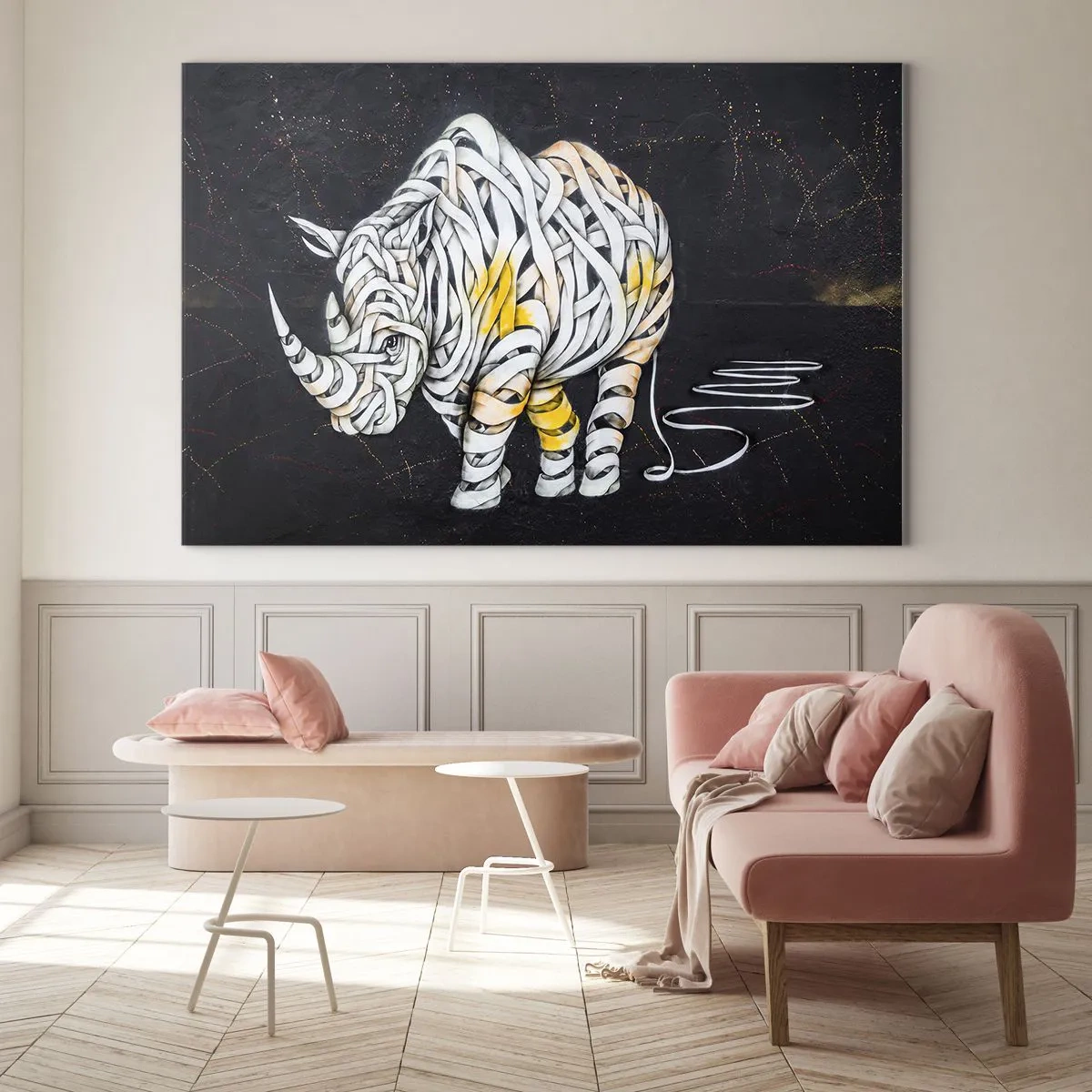 Impression sur verre - Image sur verre - Dessin abstrait d'un rhinocéros en forme de rayures - 120x80cm - La peau épaisse est un mythe - Décoration murale moderne pour le salon et la chambre ARTTOR