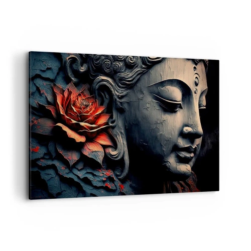 Impression sur toile - Image sur toile - Sculpture de Bouddha avec une fleur de lotus rouge - 120x80cm - En harmonie avec le monde - Décoration murale moderne pour le salon et la chambre ARTTOR