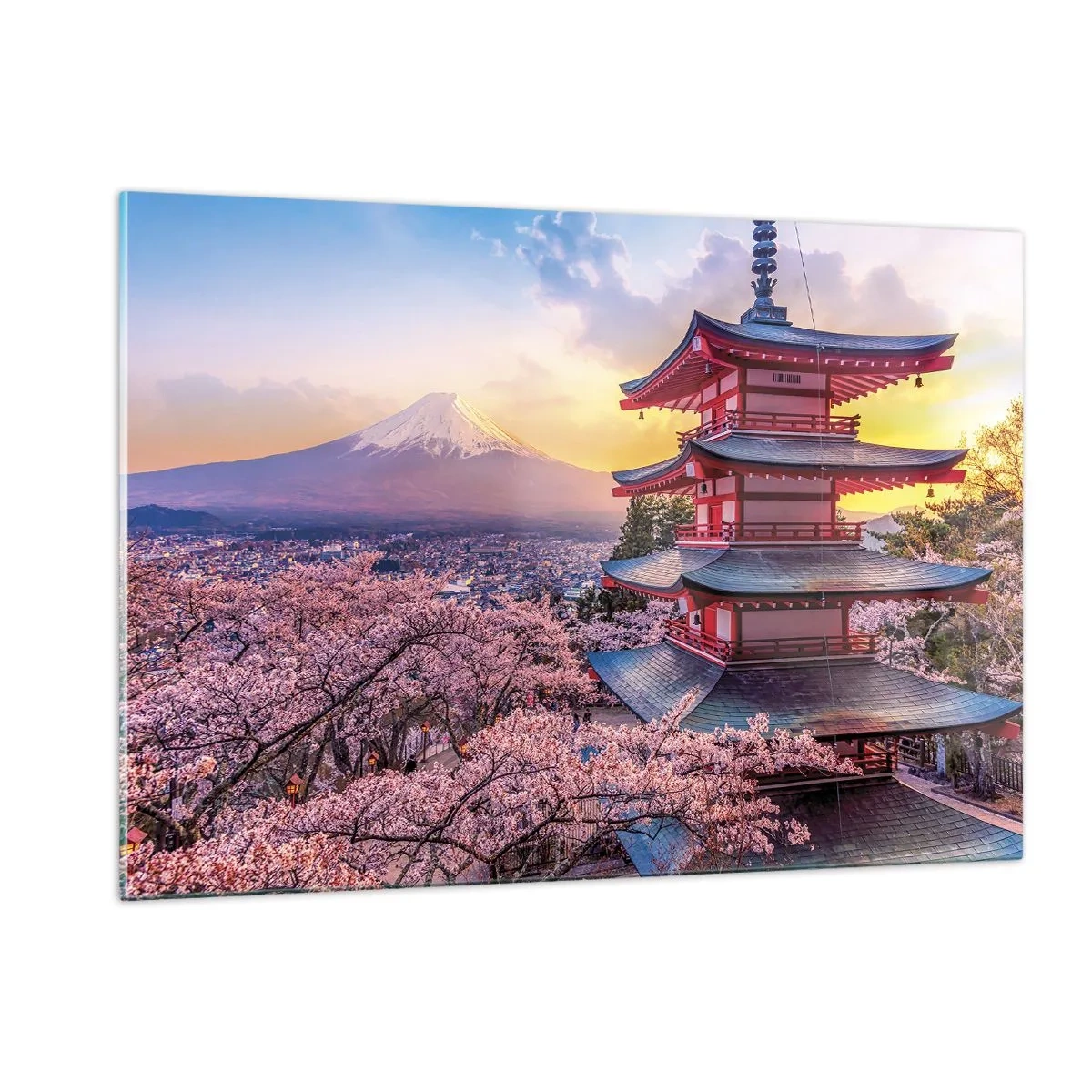 Impression sur verre - Image sur verre - Une pagode dans un paysage japonais surplombant le mont Fuji et des arbres en fleurs - 120x80cm - Essence d'âme japonnaise - Décoration murale moderne pour le salon et la chambre ARTTOR