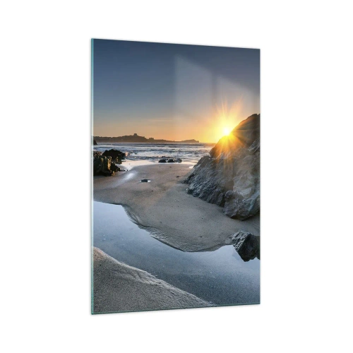 Impression sur verre - Image sur verre - Coucher de soleil pittoresque sur une plage rocheuse - 70x100cm - Intouché par la main de l'homme - Décoration murale moderne pour le salon et la chambre ARTTOR