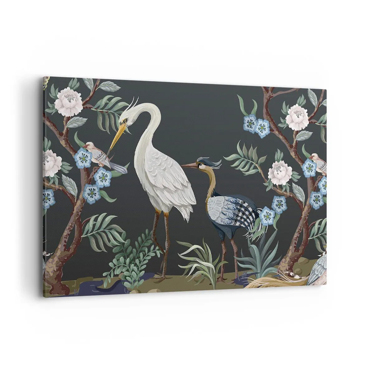 Impression sur toile - Image sur toile - Oiseaux et plantes peints sur un fond sombre avec un motif élégant - 120x80cm - Parade d'oiseaux - Décoration murale moderne pour le salon et la chambre ARTTOR