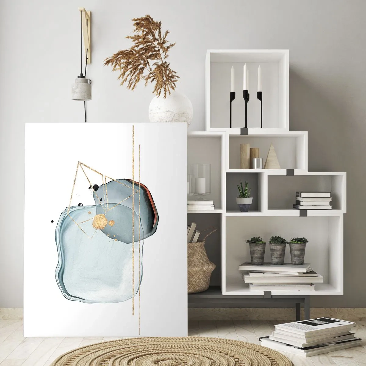 Impression sur verre - Image sur verre - Abstraction moderne avec des gouttes et des lignes géométriques dorées - 50x70cm - Etude des gouttes - Décoration murale moderne pour le salon et la chambre ARTTOR