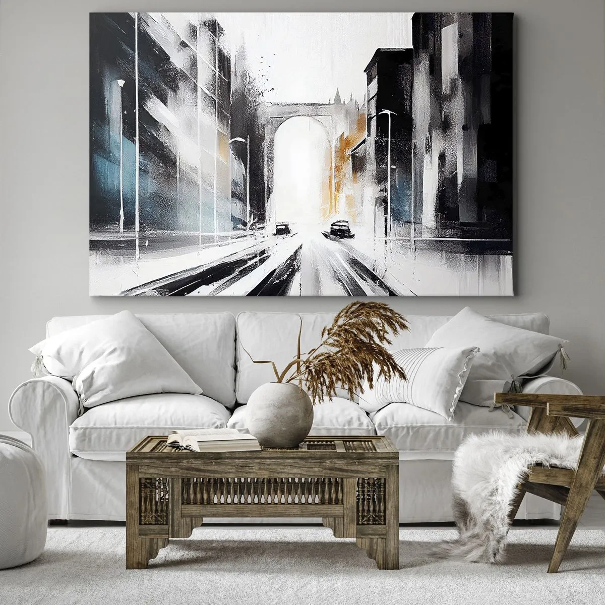 Impression sur toile - Image sur toile - Panorama abstrait de la ville avec un pont en arc - 120x80cm - Étude de ville : architecture et mouvement - Décoration murale moderne pour le salon et la chambre ARTTOR