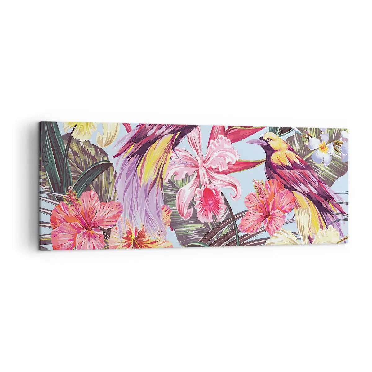 Impression sur toile - Image sur toile - Oiseaux exotiques parmi les fleurs tropicales - 140x50cm - Pétales et plumes - Décoration murale moderne pour le salon et la chambre ARTTOR
