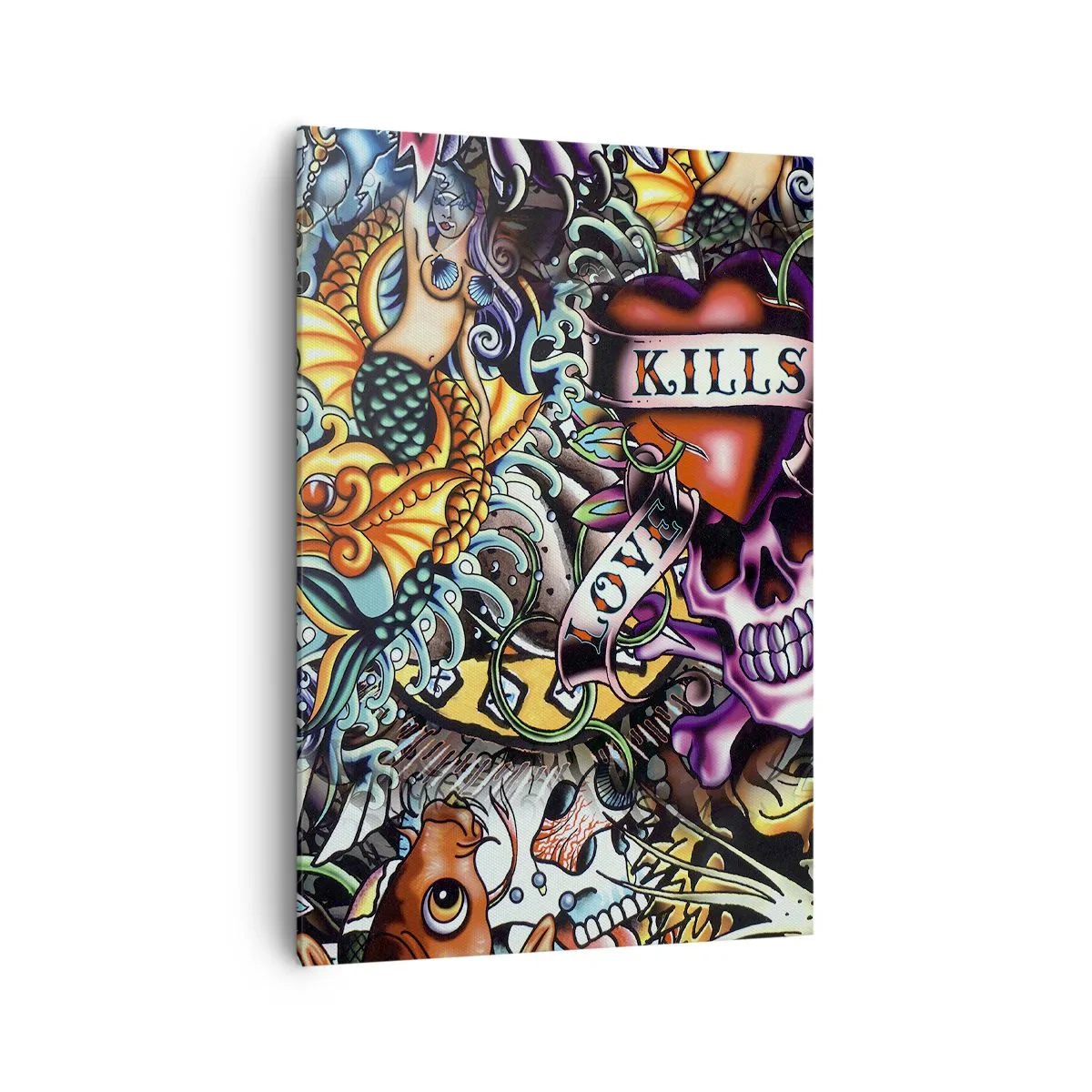 Impression sur toile - Image sur toile - Œuvre d'art colorée de style tatouage avec des crânes et des motifs nautiques - 70x100cm - Le rêve du tatoueur - Décoration murale moderne pour le salon et la chambre ARTTOR