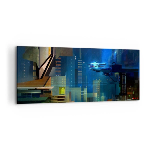 Impression sur toile - Image sur toile - Ville futuriste la nuit avec des néons et un véhicule volant - 120x50cm - Dans le futur proche - Décoration murale moderne pour le salon et la chambre ARTTOR