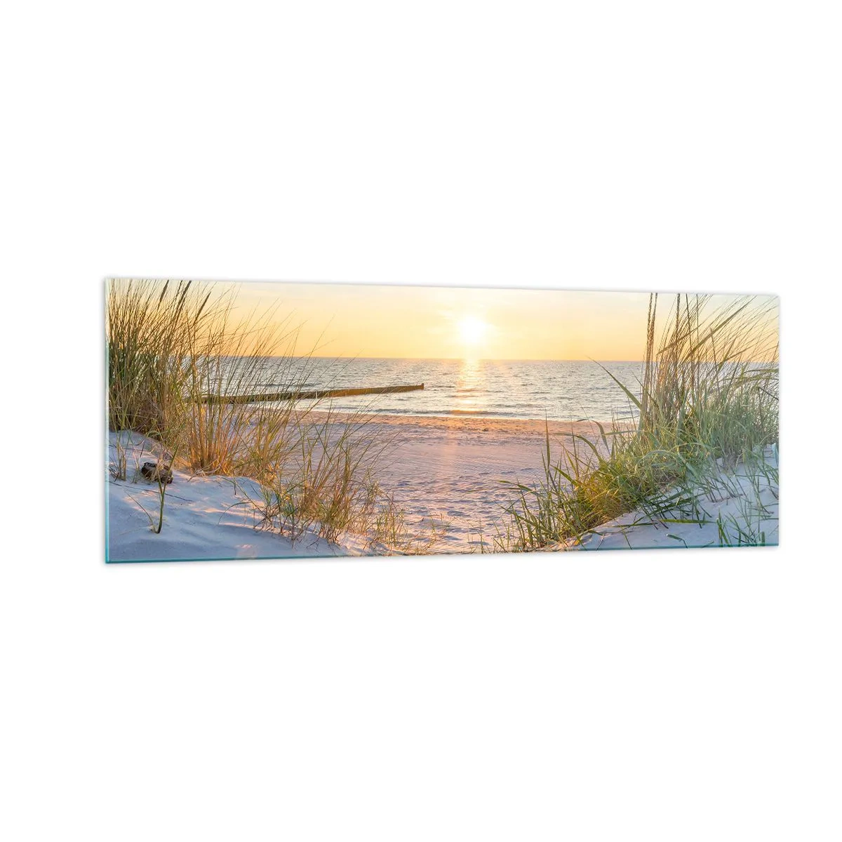 Impression sur verre - Image sur verre - Une plage de sable avec vue sur le coucher de soleil sur la mer - 140x50cm - Le bruit de la mer, le chant des oiseaux, une plage sauvage parmi les herbes… - Décoration murale moderne pour le salon et la chambre ART